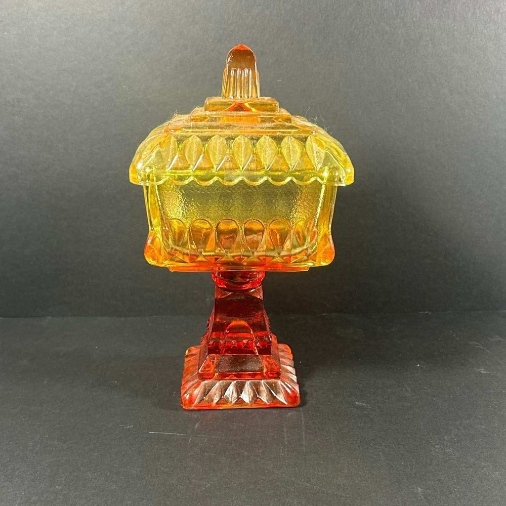 Vintage Amberina Red Jeanette Glass Square Pedestal Wedding Candy Lidded Dish